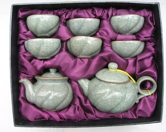 Vintage 8 Piece Chinese Tea Set in Greenish Crackle Glaze with Lead Maker&#39;s Mark Inserted into Bases (Box Missing its Lid)