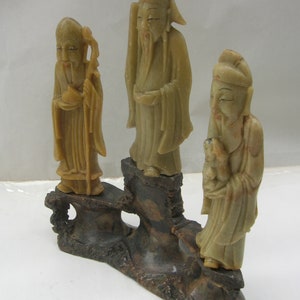 The Chinese Star Gods Sanxing Shou, Fu and Lu Three Soapstone Carvings on Base, Old Vintage Chinese 18 cm Condition: chips & repairs image 8