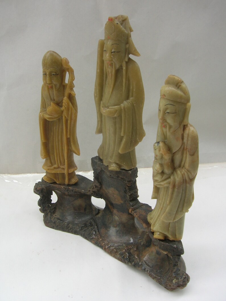 The Chinese Star Gods Sanxing Shou, Fu and Lu Three Soapstone Carvings on Base, Old Vintage Chinese 18 cm Condition: chips & repairs image 8