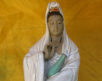 14.5" Standing Guan Yin in White Robes with Dew Vase, Mud Man Statue, Vintage Chinese Ceramic