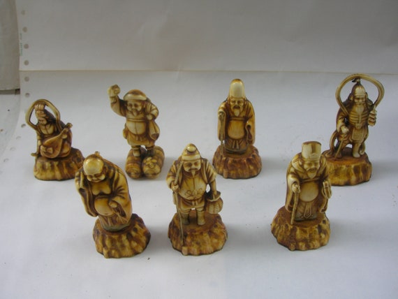 Complete Set of Seven Lucky Gods, Celluloid Plastic, Vintage Complete Set of Seven Lucky Gods, Celluloid Plastic, Vintage