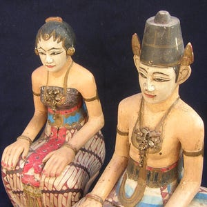 Javanese Inseparable Couple (Loro Blonyo) Old Vintage Wood Carving (10 & 11" tall) Condition: damage, repairs, paint loss, splits in wood