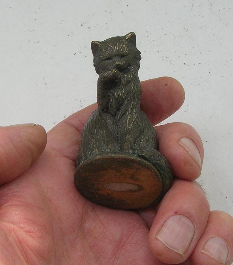 Vintage Cat Licking Its Paw Figurine, Solid Tarnished Brass