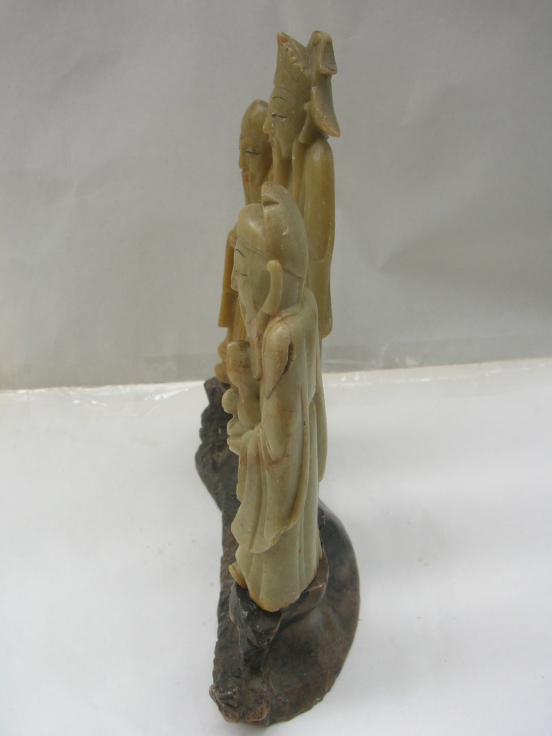 The Chinese Star Gods Sanxing Shou, Fu and Lu Three Soapstone Carvings on Base, Old Vintage Chinese 18 cm Condition: chips & repairs image 7