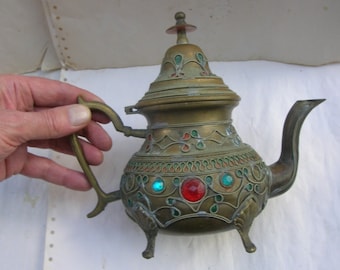 Vintage Brass Teapot, Arabic, Moroccan Style with Plastic Jewels and Filigree (19 cm tall)