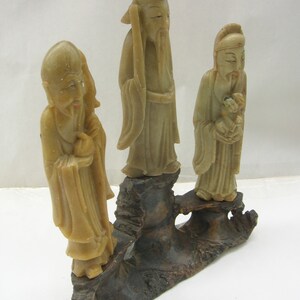 The Chinese Star Gods Sanxing Shou, Fu and Lu Three Soapstone Carvings on Base, Old Vintage Chinese 18 cm Condition: chips & repairs image 4