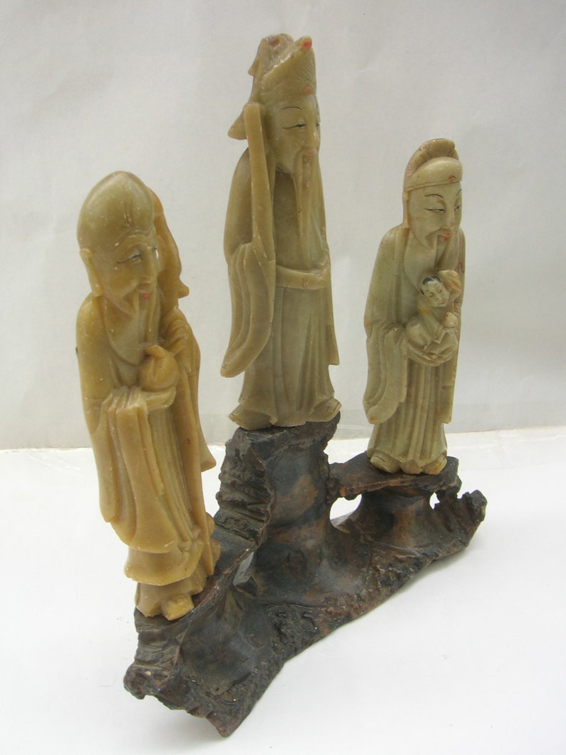 The Chinese Star Gods Sanxing Shou, Fu and Lu Three Soapstone Carvings on Base, Old Vintage Chinese 18 cm Condition: chips & repairs image 4