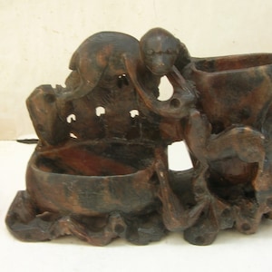 Vaso per acqua e calamaio intagliato a mano con scimmia, cervo e uccello, pietra ollare cinese vintage (18 x 12 x 5 cm)