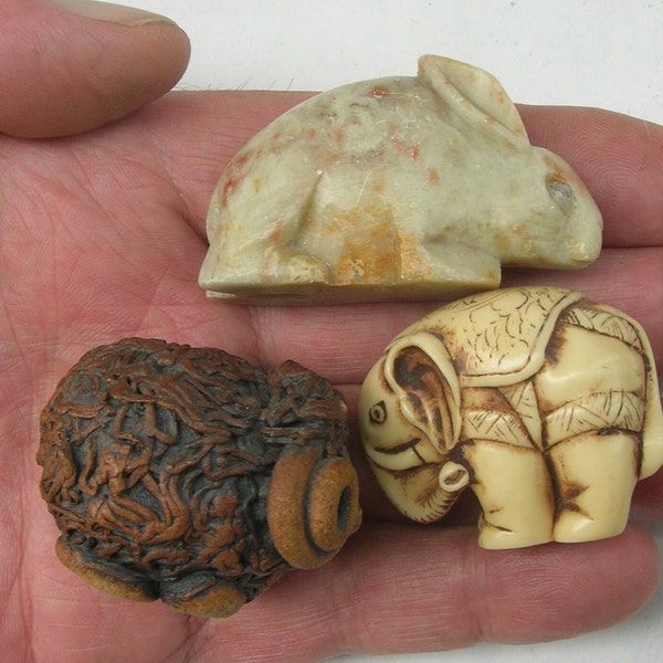 3 x Miniature Vintage Animal Figurines - Resin Elephant, Ceramic Sheep & Soapstone Rabbit (all approx 3 cm tall)