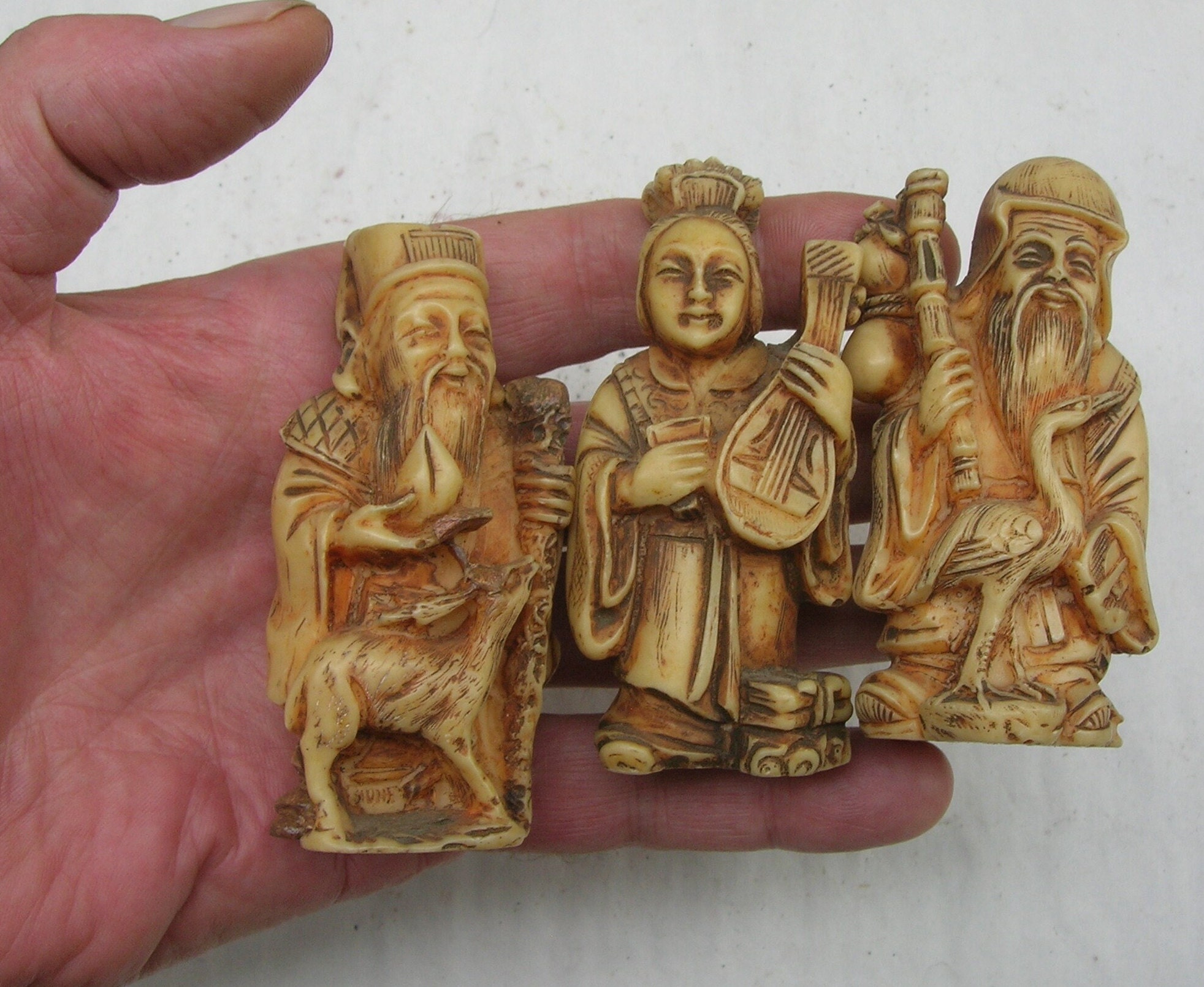 3 Vintage Lucky Gods of Japan, Solid Resin (approx 8 Cm Tall