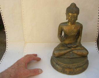 9.75" Antique Burmese Buddha on Lotus Pedestal, Thin Walled Brass Construction (25 cm tall) Condition: a few tiny holes in brass