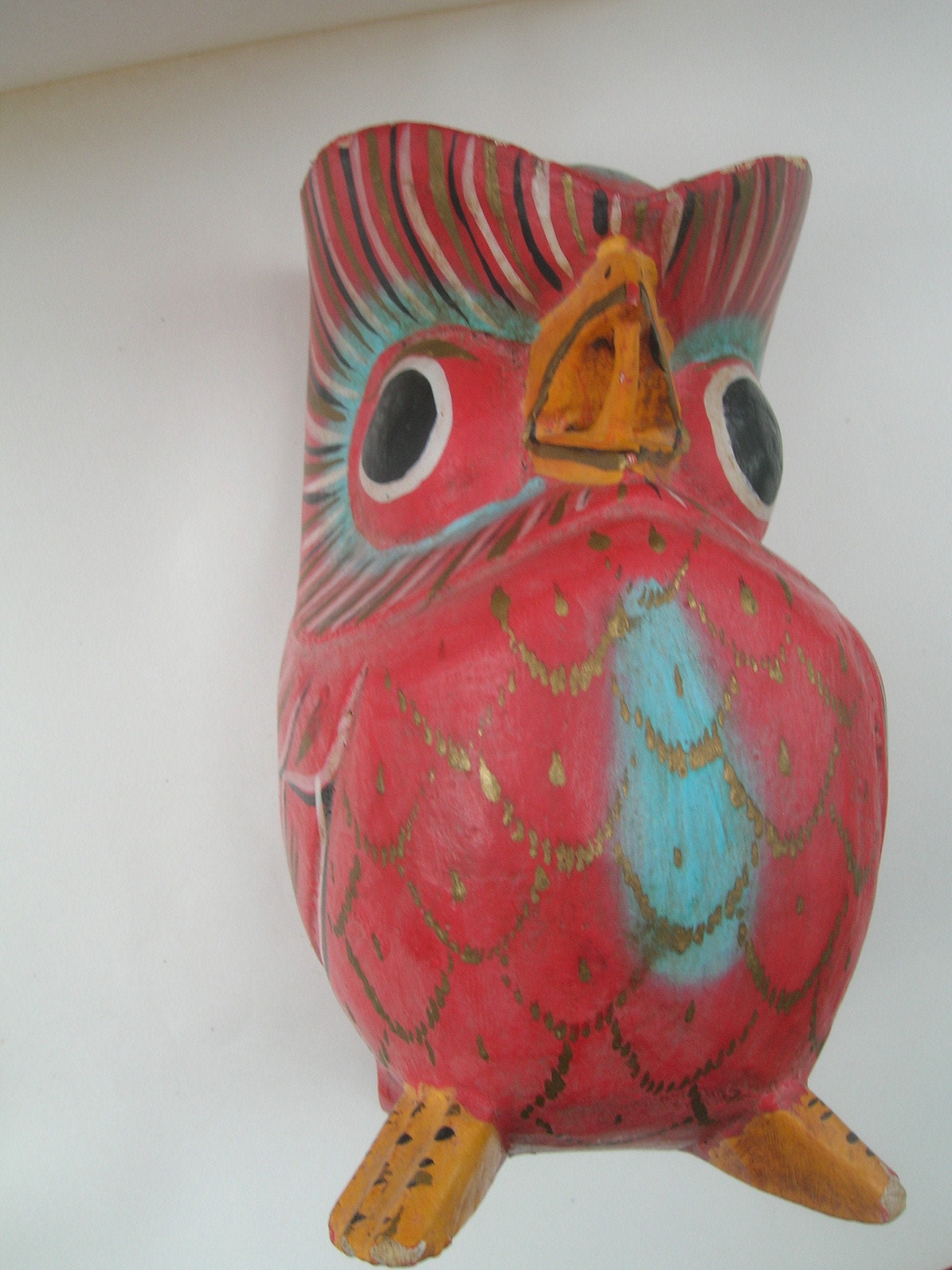 Vintage Wooden Owl, painted in Vibrant Colours (15 cm tall)