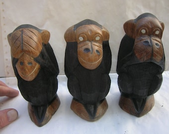 Set of Three Monkeys - See No Evil, Hear No Evil, speak No Evil - Vintage Hand Carved and Stained Hardwood (5.5" or 14 cm tall)
