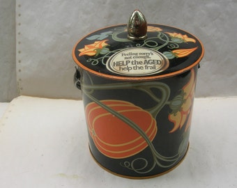 Vintage Baret Ware, Pumpkin Design Biscuit Tin, Storage Tin with Help the Aged Sticker (15 cm tall, 11 cm diameter) interior speckled + rust