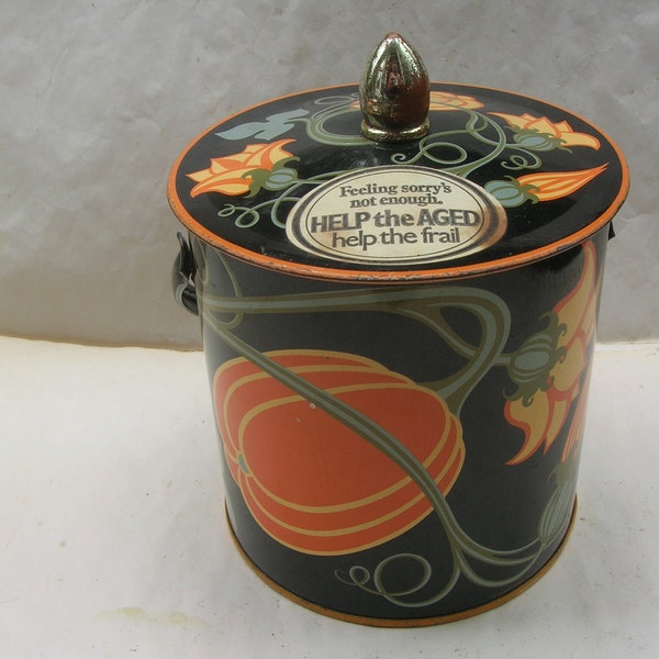 Vintage Baret Ware, Pumpkin Design Biscuit Tin, Storage Tin with Help the Aged Sticker (15 cm tall, 11 cm diameter) interior speckled + rust