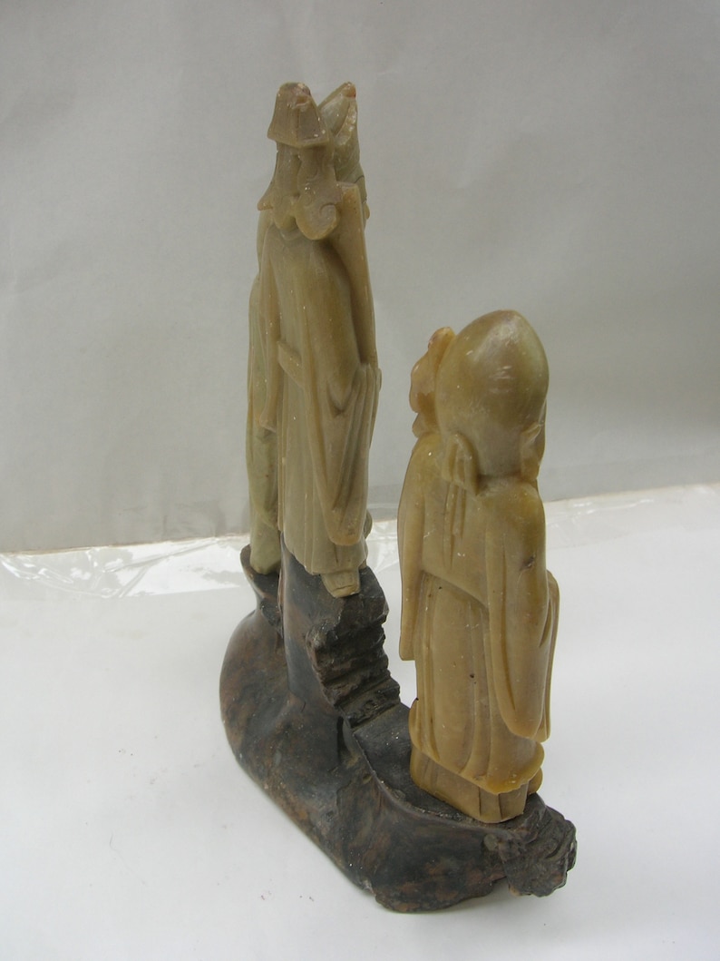 The Chinese Star Gods Sanxing Shou, Fu and Lu Three Soapstone Carvings on Base, Old Vintage Chinese 18 cm Condition: chips & repairs image 5