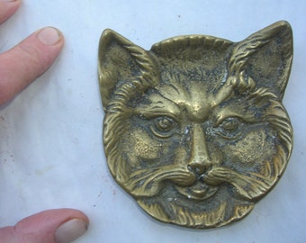 Bandeja vintage con forma de cara de gato, cenicero, latón macizo deslustrado (10 x 9 cm)