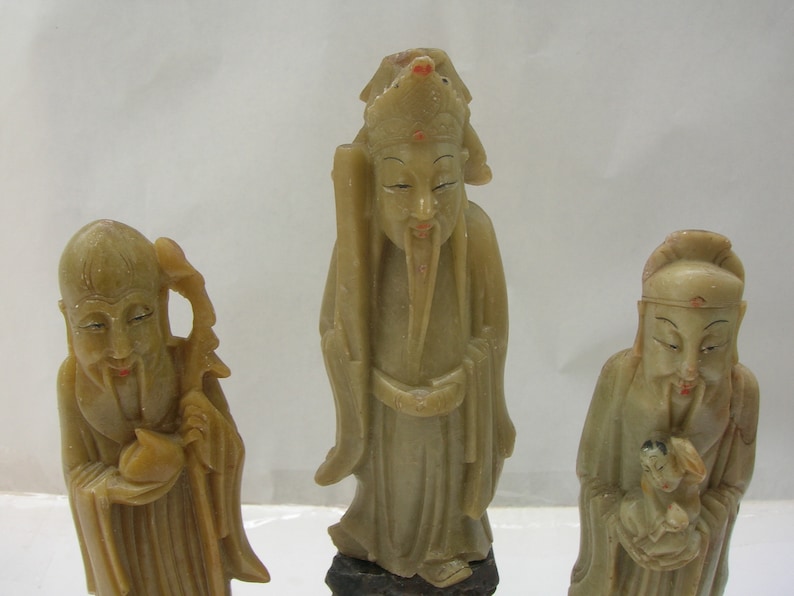 The Chinese Star Gods Sanxing Shou, Fu and Lu Three Soapstone Carvings on Base, Old Vintage Chinese 18 cm Condition: chips & repairs image 1