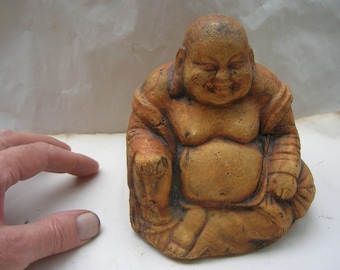 Vintage Stoneware Laughing Buddha, Hotei, with Bag and Beads (12 cm tall)