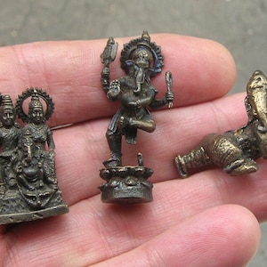 3 x miniatuur Ganesh, Ganesha, beeldjes, vintage messing, met fijne details (2,7, 3 en 2 cm hoog)