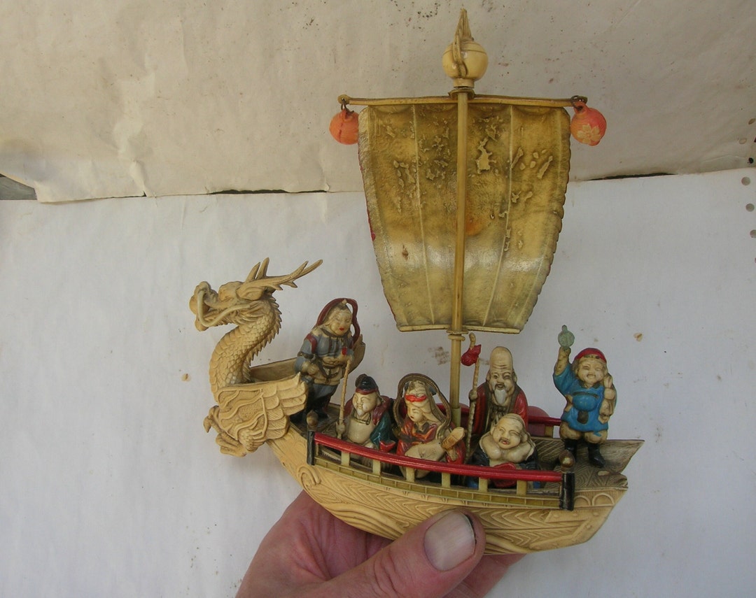 Seven Lucky Gods in Dragon Boat, Japanese Celluloid 1940's (18 X