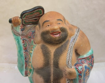 8" Laughing Buddha, Hotei, with Fan, Antique or Old Vintage Japanese Ceramic, Unmarked Satsuma Moriage Decoration (21 cm tall)