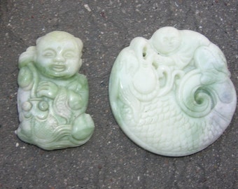 2 x Vintage Chinese Hard Stone Pendants, Amulets, with Lucky Boy Riding a Dragon and Catching a Fish  (54 mm diameter, and 49 x 30 mm)