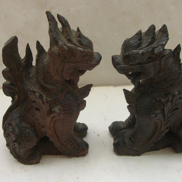 Pair of 4" Vintage Foo Dogs, Foo Lions, Finely Carved Hardwood, Burmese, Myanmar Style (9.5 and 10 c tall) VGC