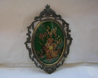 Old Vintage Flower Arrangement in Brass Frame with Glass Cover (19 x 13 x 1 cm)