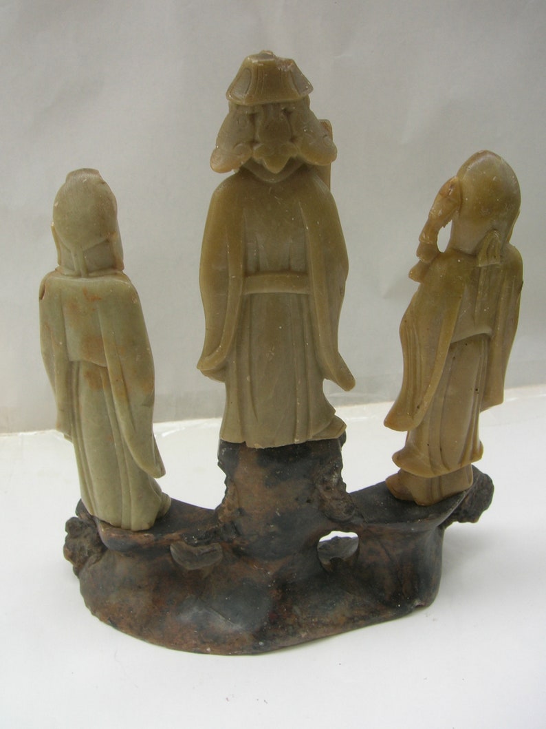 The Chinese Star Gods Sanxing Shou, Fu and Lu Three Soapstone Carvings on Base, Old Vintage Chinese 18 cm Condition: chips & repairs image 6