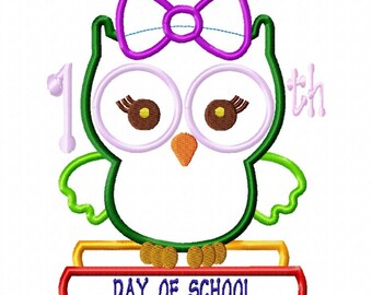 100th Day of School girl owl applique design download - 6x10 hoop size only