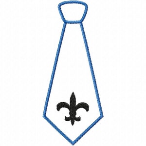 May include: A blue tie with a black fleur-de-lis design.