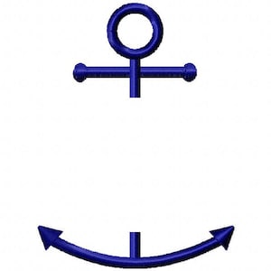 May include: A blue anchor with a rounded top and a curved bottom. The anchor is a nautical symbol.