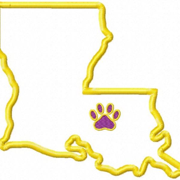 State of Louisiana applique with paw print embroidery design download - 5x7 size