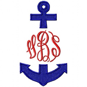 May include: A blue anchor with a red monogram in the center. The anchor has a cross at the top and two curved arms.