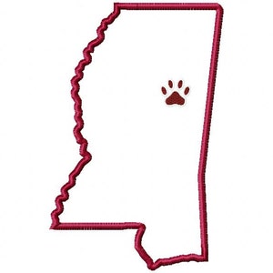 State of Mississippi applique with paw print embroidery design download - 5x7 hoop size
