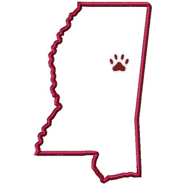 Stoffen van de staat Mississippi met paw afdruk borduurwerk design downloaden - 5 x 7 hoepel grootte