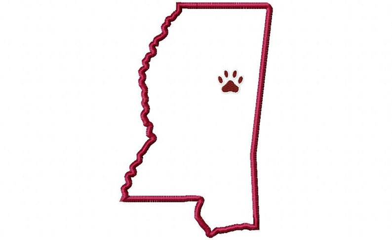 State of Mississippi applique with paw print embroidery design download 5x7 hoop size image 1