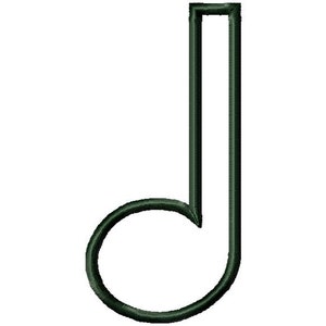 Puede incluir: Una nota musical corchea bordada en verde oscuro sobre un fondo blanco. La nota tiene una base redondeada y un tallo recto, con una parte superior cuadrada. El diseño es simple y limpio, adecuado para manualidades temáticas musicales.