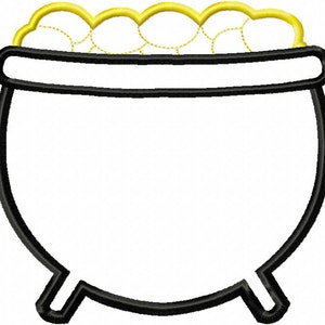 May include: A black and white outline of a pot with a gold rim filled with gold coins. The pot has three legs.