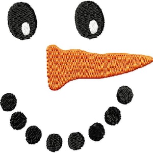May include: A simple cartoon snowman face with black eyes, an orange nose, and a black smile.