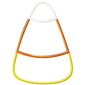 May include: A simple outline of a candy corn with yellow, orange, and white colors.