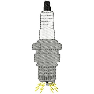 May include: A grey and white spark plug with a yellow spark coming out of the bottom.