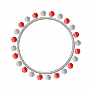 May include: A silver circle frame with a red and gray bead border.