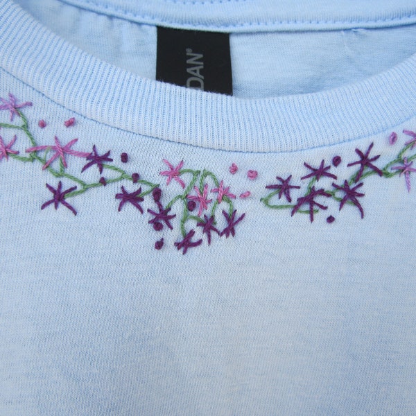 Hand Embroidered Neckline Floral Violet Tones Women's NEW Gildan tshirt T-Shirt Size Small 100% cotton Girl Friend Gift