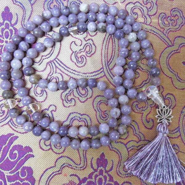 Custom Design USA 8mm Rare & Elegant Lilac Stone Tibetan Buddhist Mala Prayer Beads Unique Crystal Counter/Markers Lotus Charm Darker Tassel