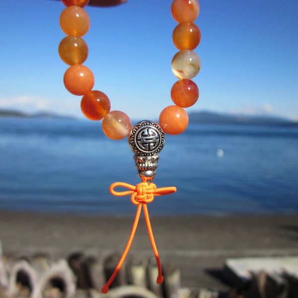 Custom Design USA Colorful 8mm Genuine Carnelian & Silver Tibetan Buddhist Wrist Mala Prayer Beads Women's Sizing