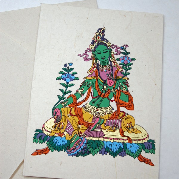 Lot de 4 cartes Tara vertes colorées avec doré 6 x 4,5" avec enveloppes imprimées sur du papier Lokta durable sans arbre vierge à l'intérieur