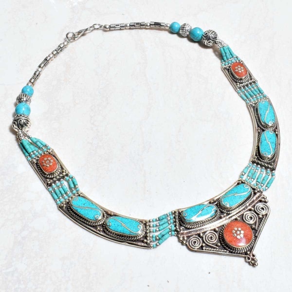 Tibetan Style Tribal Necklace w/ Inlaid Turquoise & Coral (R) Tibetan Silver Heavy, Ornate, Exotic, Beautifully Made, Culturally Significant