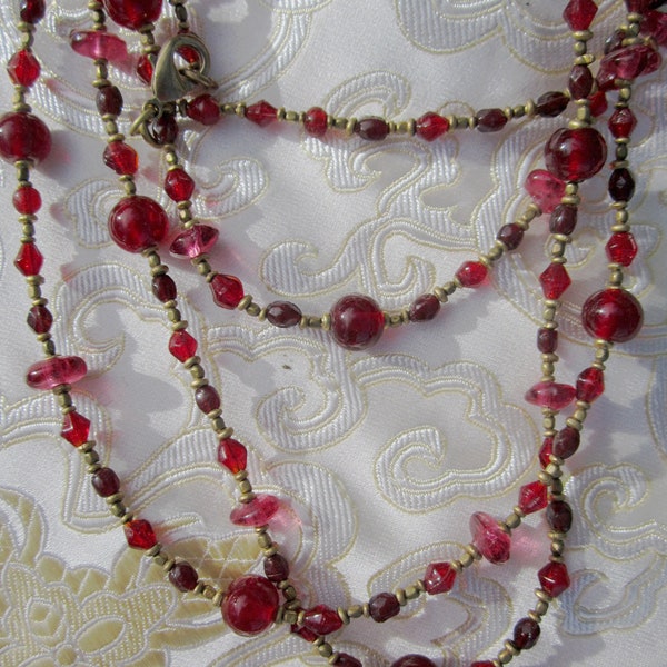 Extra Long 55" from Clasp to Clasp Beautiful Red Rose Color Multi-size & shape Glass Beads with Brass Necklace Brass Tassel Single or Double